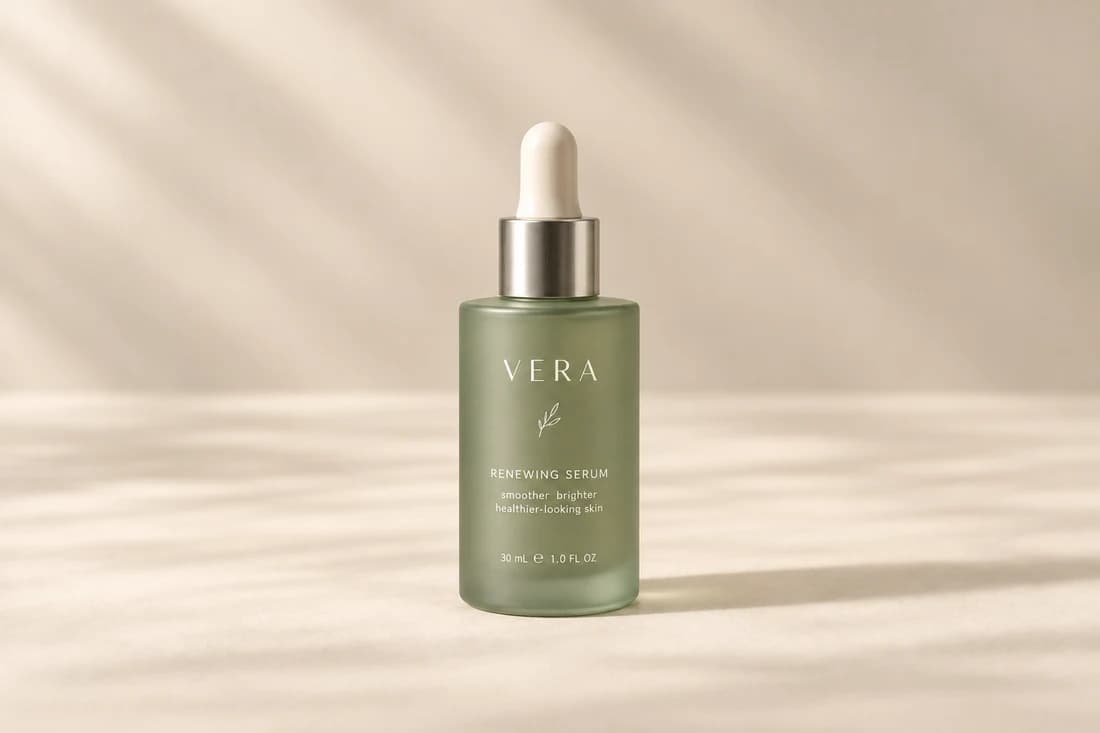 A single VERA serum bottle in sage frosted glass with an ivory dropper