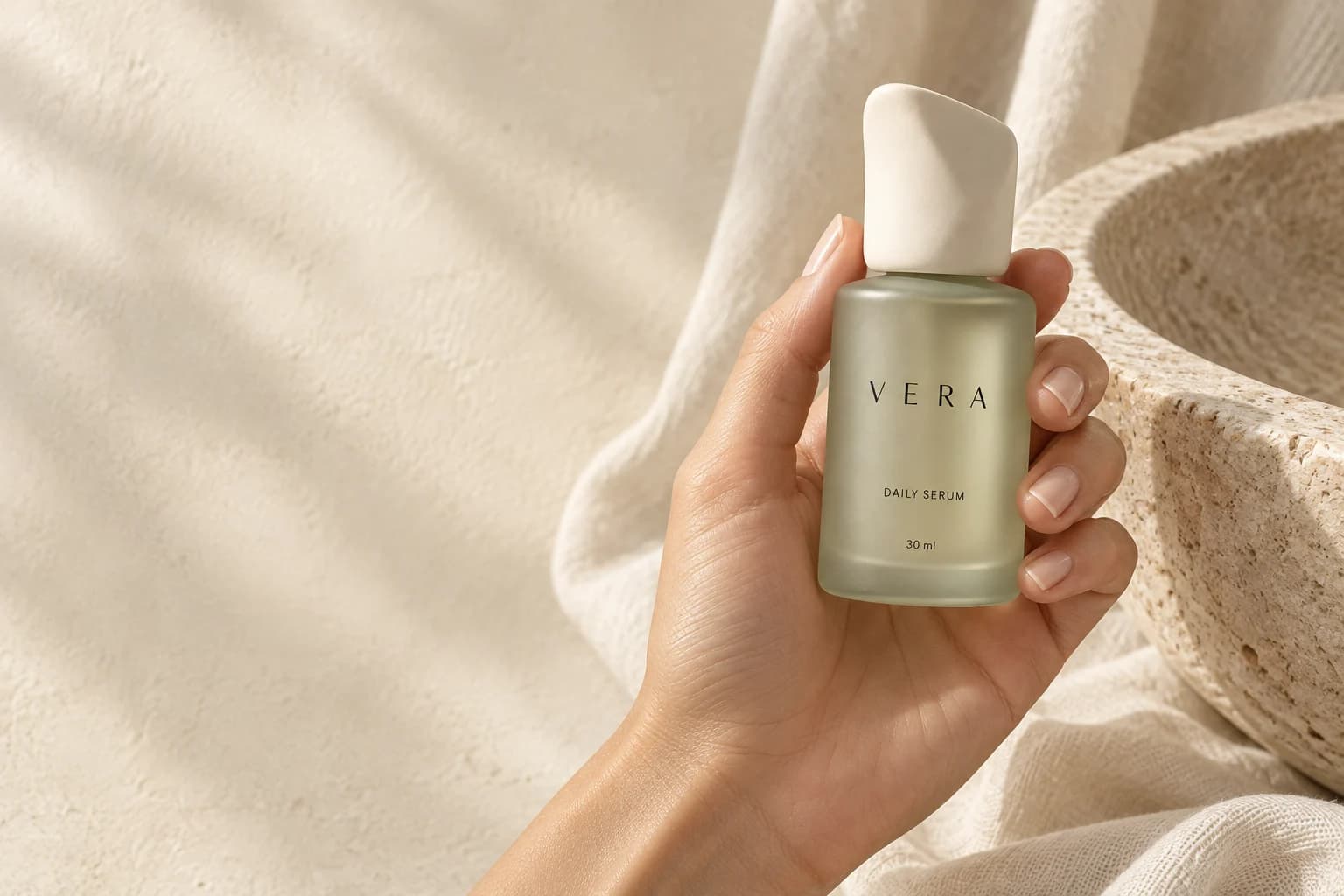 A hand holding the illustrative VERA daily serum beside warm linen and stone