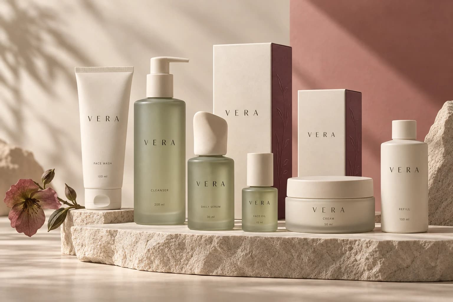 Illustrative VERA skincare range: face wash, cleanser, serum, face oil, cream and refill