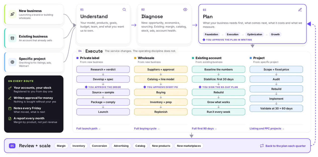 Three starting points lead into Understand, Diagnose and Plan, then four execution routes (private label, wholesale, existing account, project), then review and scale, which loops back to the plan each quarter.